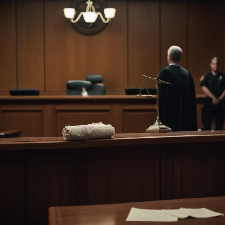 Injured person standing before a judge in a dimly lit courtroom, with justice scales in the foreground.