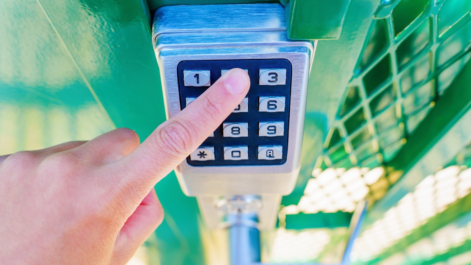 A keypad lock installed on a residential gate