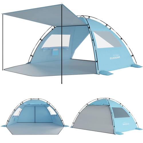 Elegear Beach Tent Sun Shelter with Canopy, 4-5 Person Pop Up Beach Tent, Easy Setup UPF 50+ UV Protection Portable Lightweight Double Silver Coating Beach Cabana Sun Shade Shelter - Sky Blue