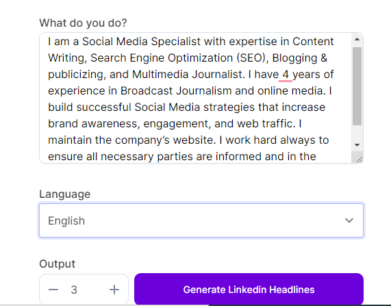 Describing what you do on AI LinkedIn Headline Generator