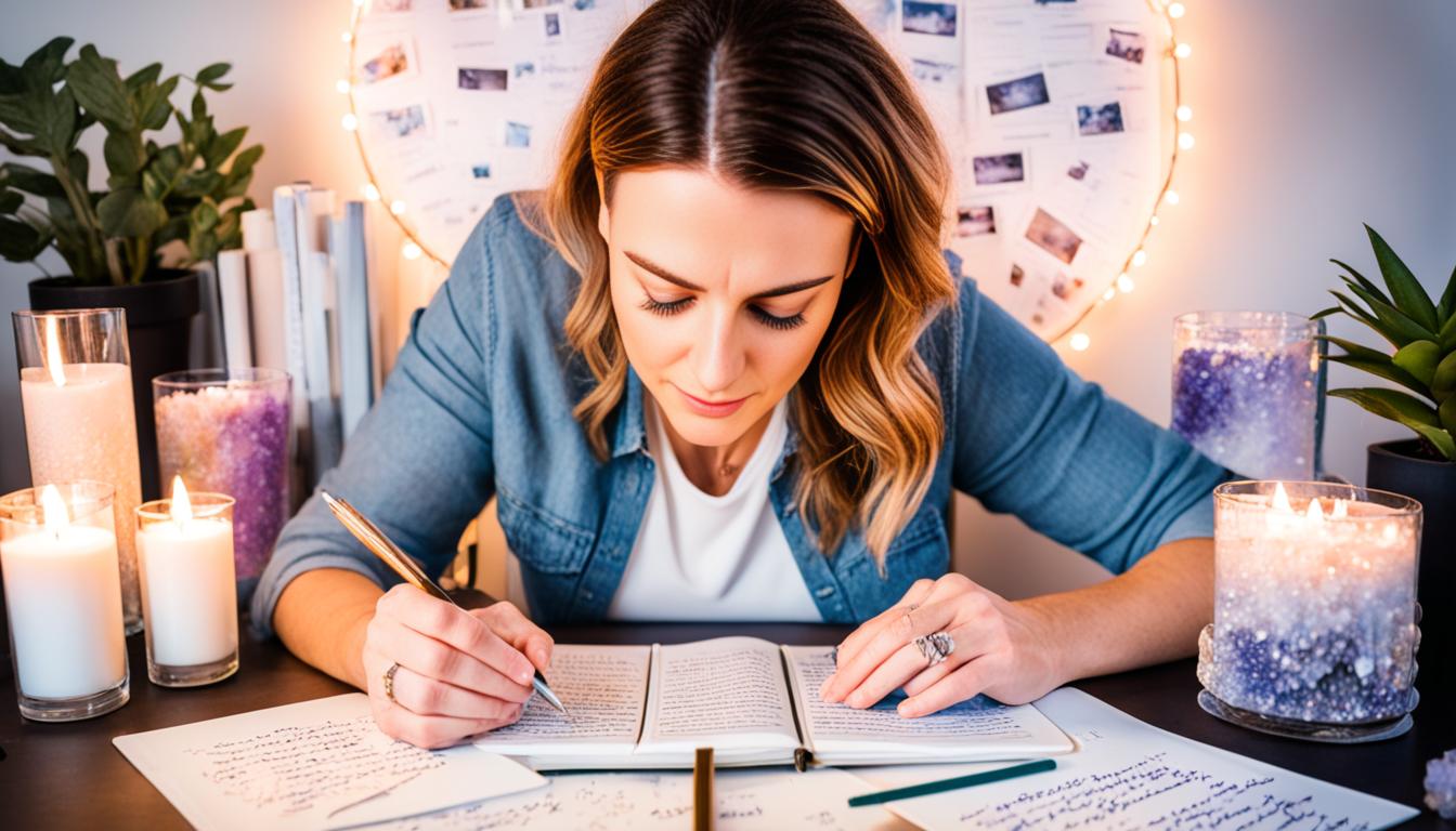 A person sitting at a desk, surrounded by candles and crystals, with their eyes closed and hands placed gently on a journal. The journal is open to a blank page with the words "My Desires" written at the top. Rays of light illuminate the person's face as they visualize their desires and write them down in the journal.