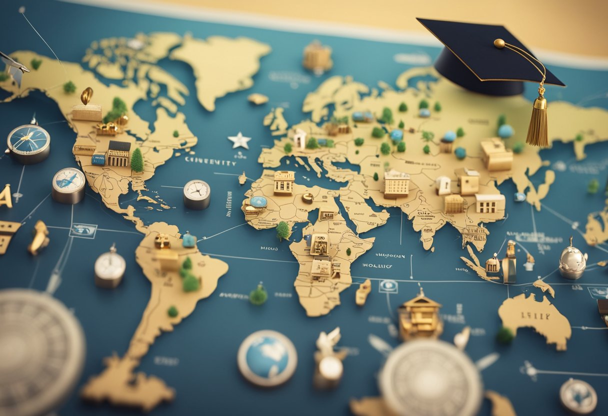 A world map with university icons and scholarship symbols, representing global opportunities for career advancement post-study