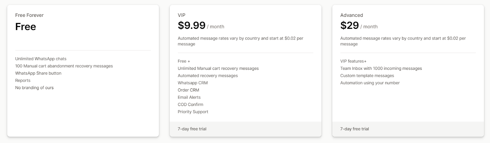 pricing plan for the CX cart abandonment app.