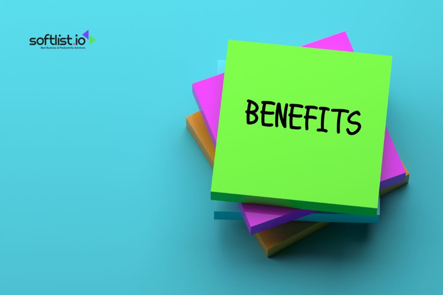 Colorful sticky notes with the word "BENEFITS" on a blue background