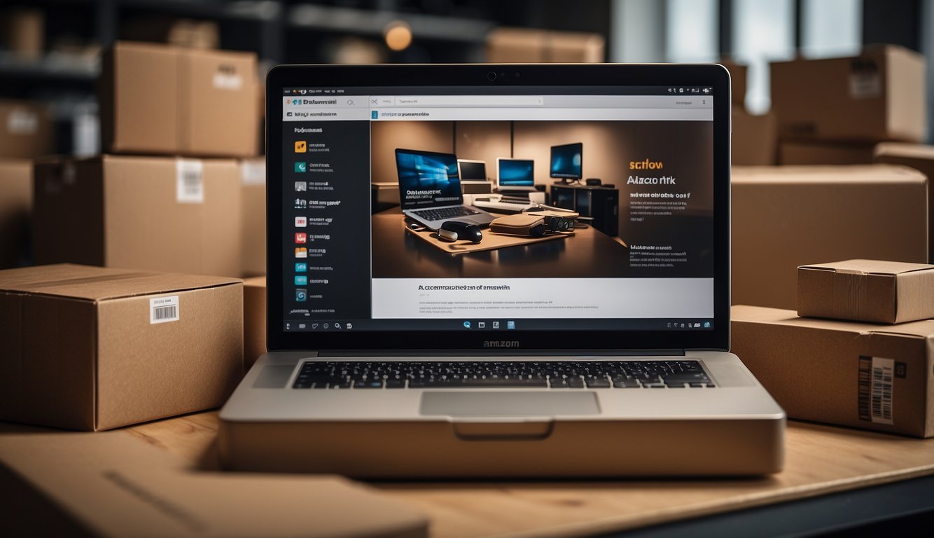 A laptop with an open Amazon seller account, surrounded by packaging materials and shipping boxes