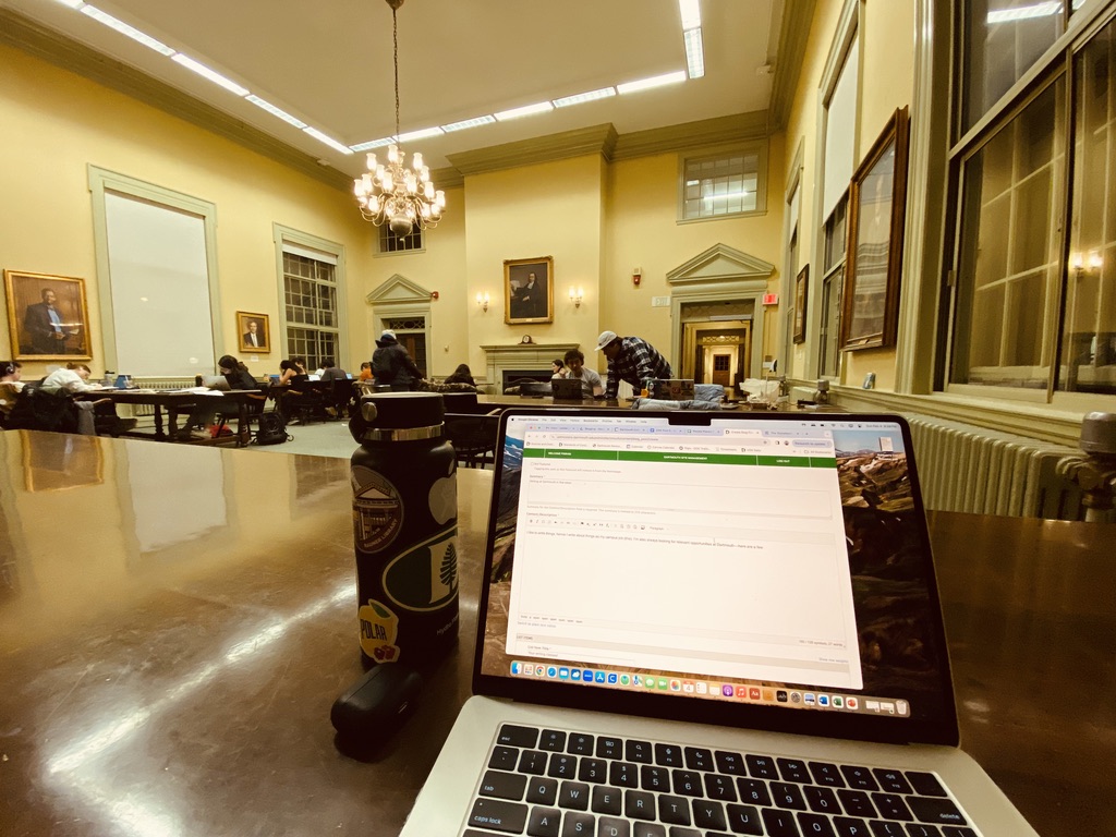 A first-person view of an open laptop in a grand, academic setting. 