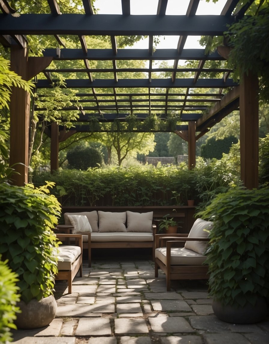 A pergola stands in a lush garden, its weatherproof canopy providing shade. Vines climb the wooden beams, and comfortable seating invites relaxation