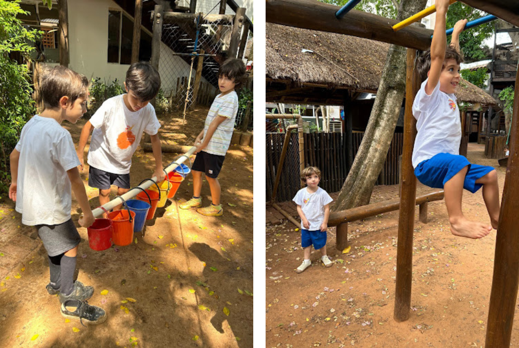 Imagens mostram crianças carregando baldes pendurados em um cano e menino brincando em brinquedo de trepa-trepa.