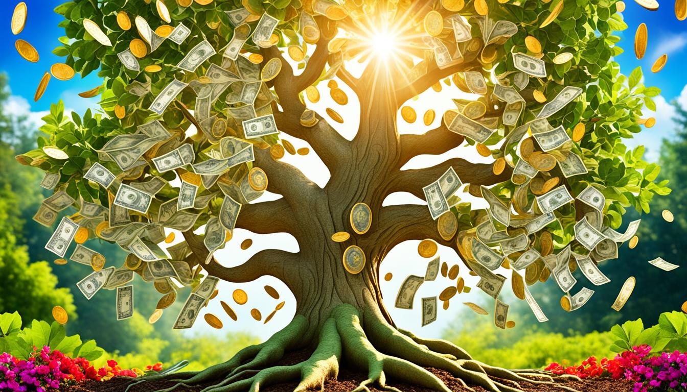 Visualize a tree with vibrant green leaves and deep roots that reach into the ground. The branches are laden with shiny gold coins and dollar bills. A beam of sunlight shines down on it, making the coins and bills sparkle. The tree is surrounded by a beautiful garden with blooming flowers and buzzing bees. A sense of abundance and prosperity radiates from the image.