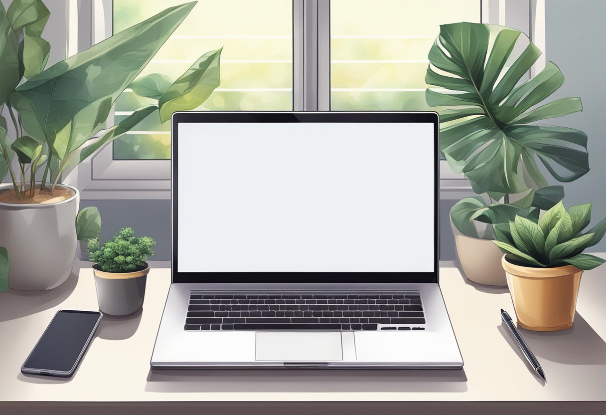 A laptop and smartphone on a clean desk, with a notepad and pen nearby. A professional-looking background with a plant and a window