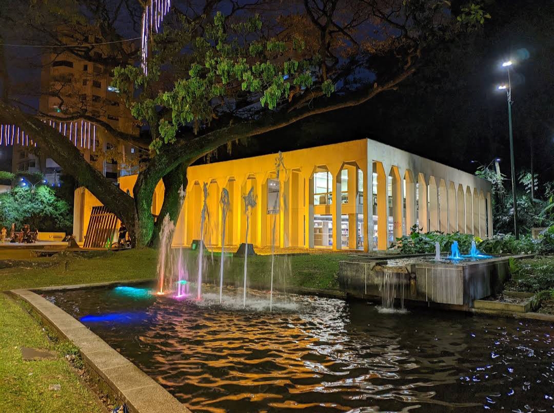  The Museo La Tertulia illuminated under the night sky, with a small fountain near it.