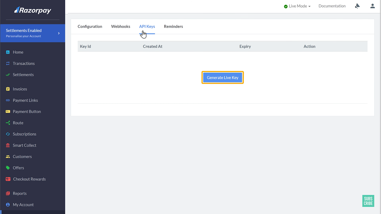 Generate Live Key and integrate Razorpay payment gateway option on razorpay dashboard