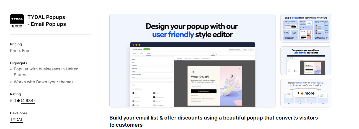 an image of TYDAL Popups homepage on the Shopify app store