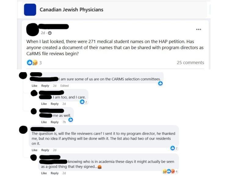 Screenshots from a group called Canadian Jewish Physicians