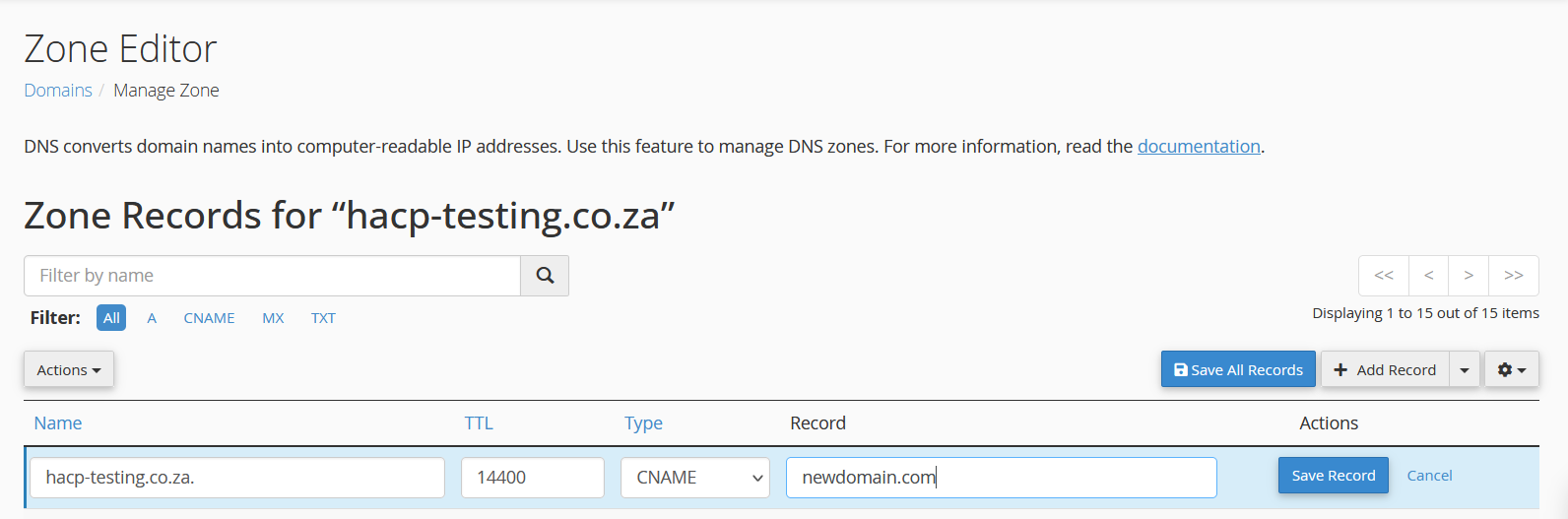 CNAME record in cPanel