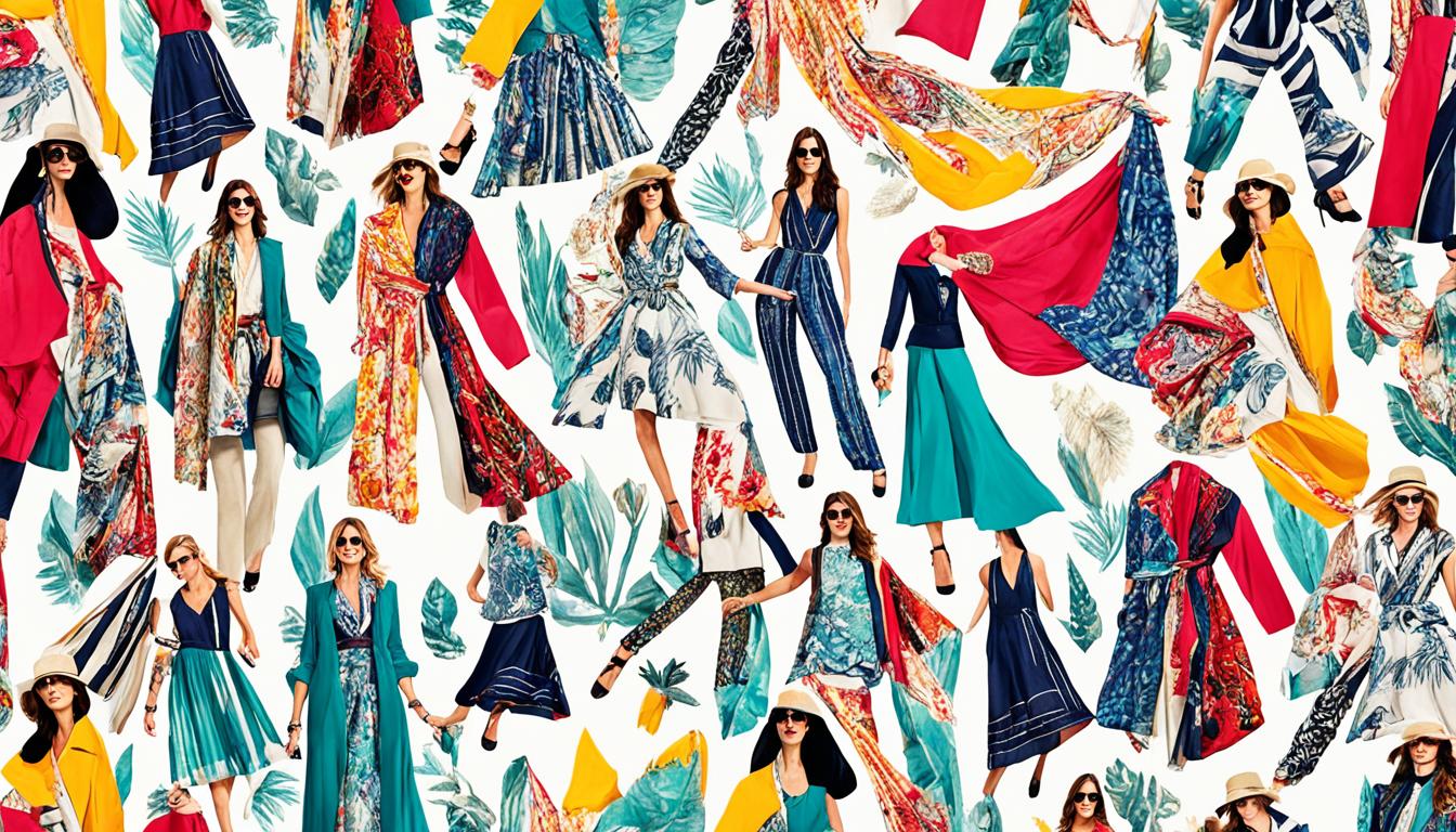 A collage of various fashion designs, fabrics, and accessories from different cultures around the world, all seamlessly blending together to create a unique and vibrant style with Moda International Clothing as the centerpiece.
