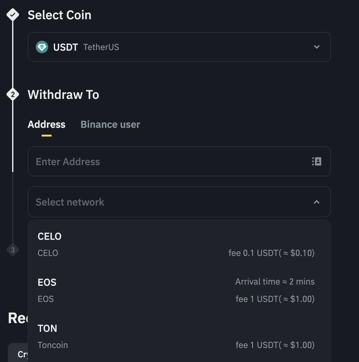 Select USDT coin on Binance platform.