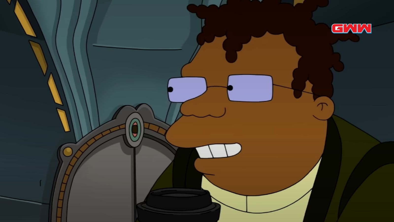 Close-up of Hermes talking in Futurama, holding a coffee mug.