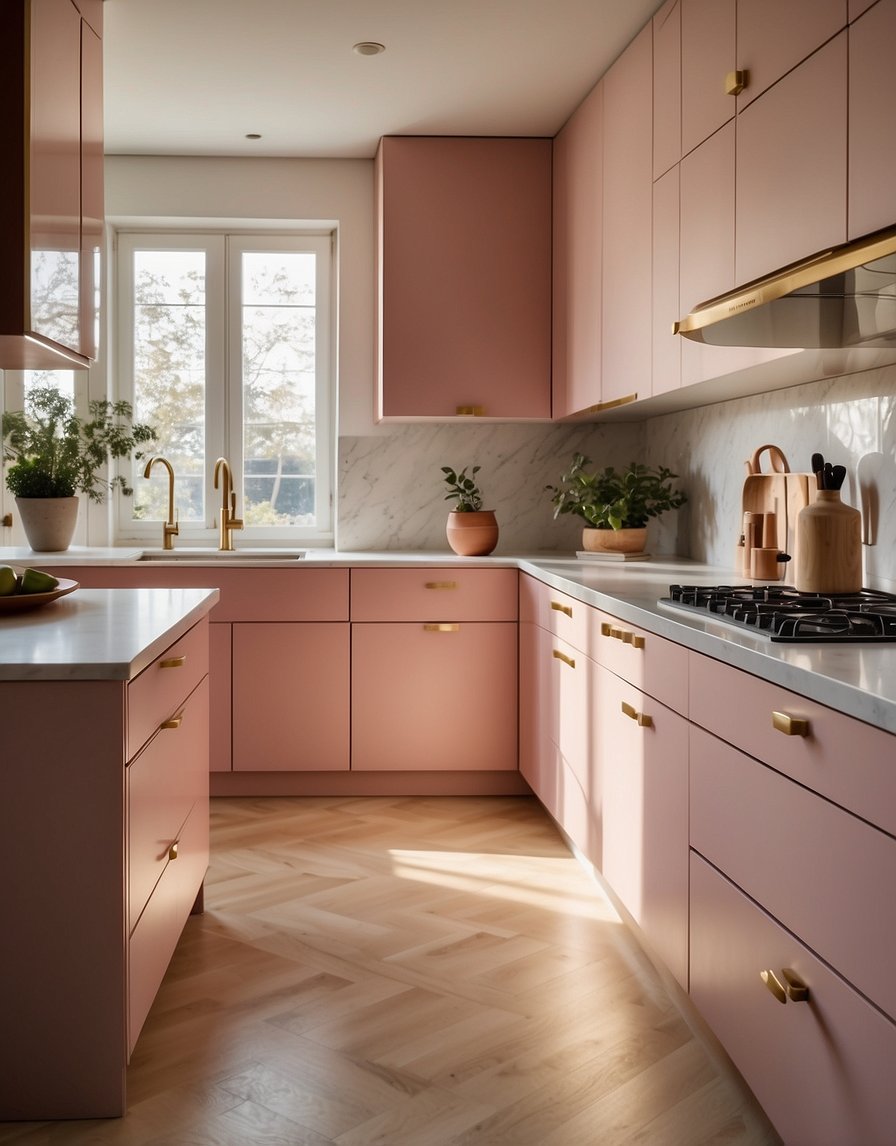 A kitchen with blush pink cabinets, white countertops, and gold hardware. Light streams in from a window, casting a warm glow on the sleek, modern design