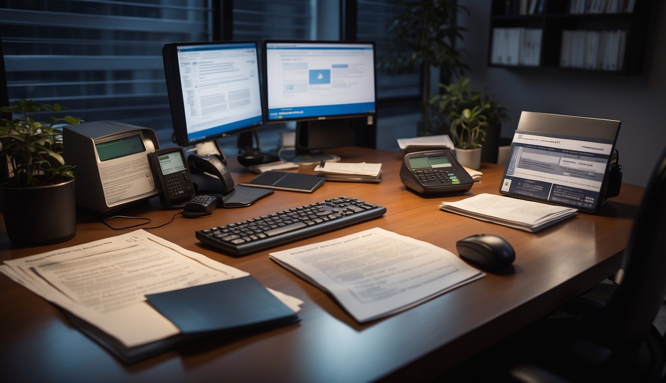 A licensed money lender reviews loan products in their office, with documents and a computer on the desk