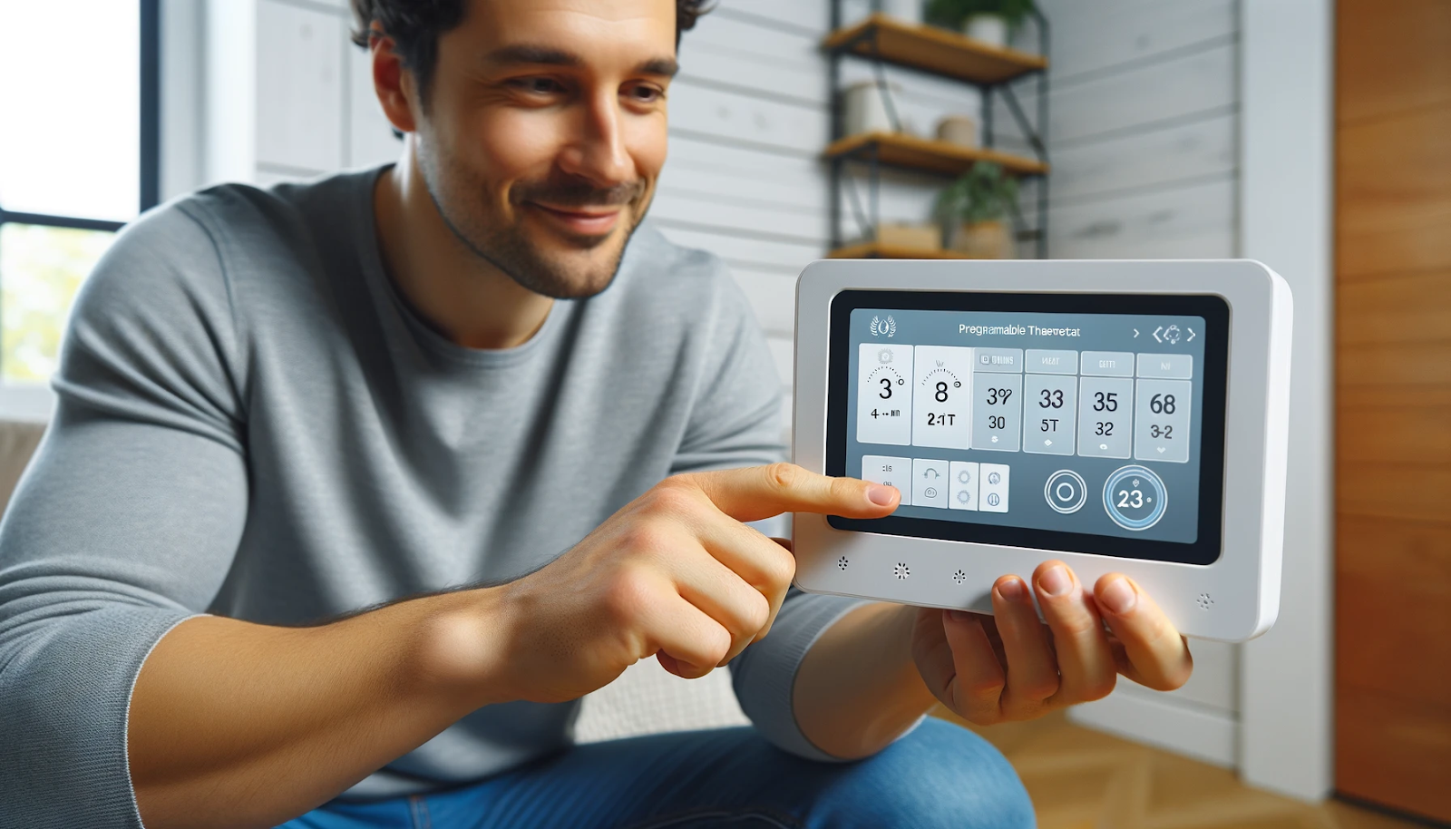 man showing his smart thermostat