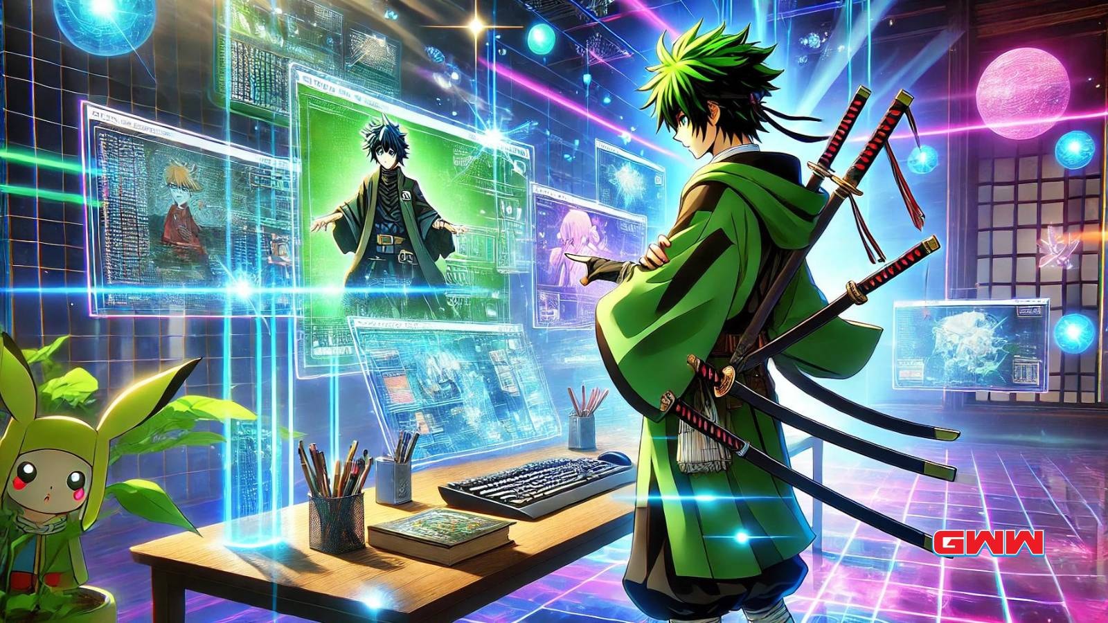 A vibrant, futuristic scene depicting a popular anime character, a green-haired swordsman, interacting with a high-tech computer interface.