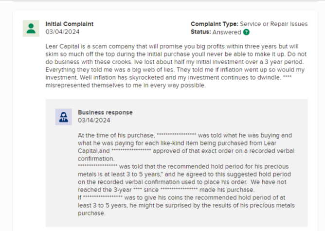 Lear Capital complaints on BBB