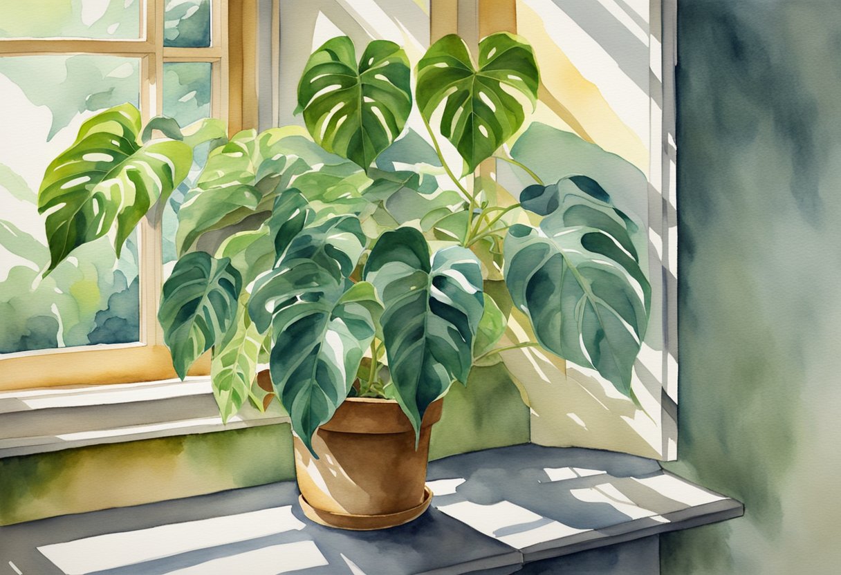 A bright window illuminates a lush Philodendron plant, casting dappled shadows on the surrounding surfaces