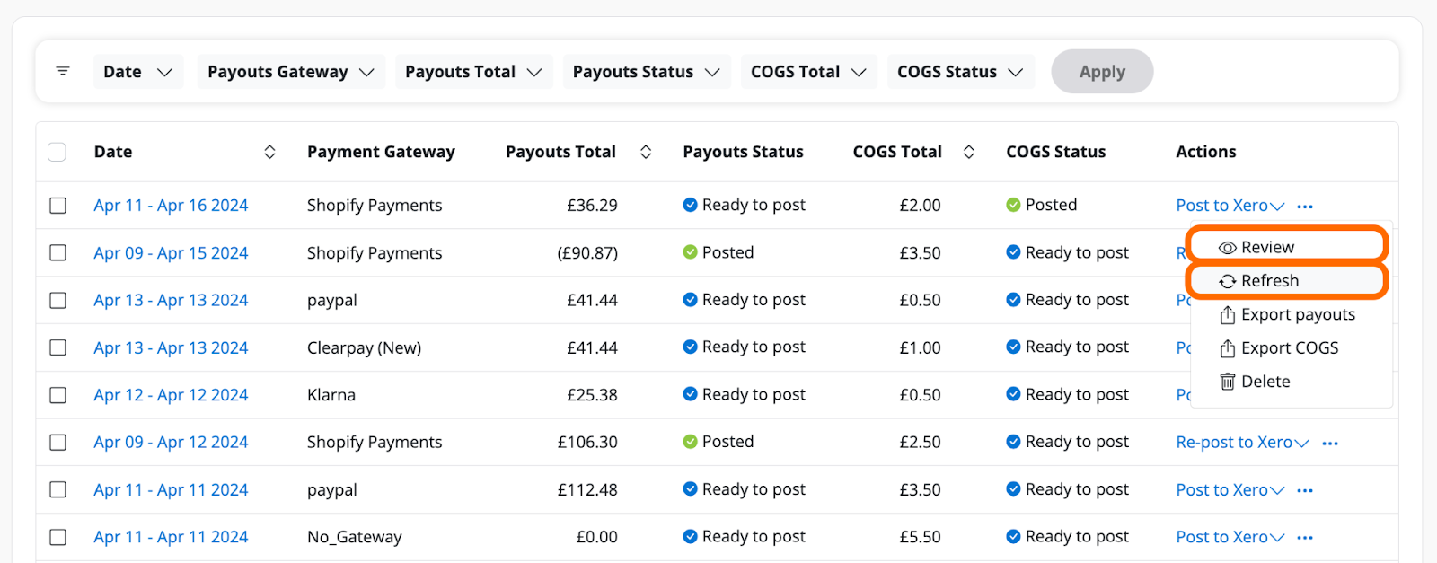 A screenshot of the A2X Payouts Page. Select 'Refresh', then 'Review'