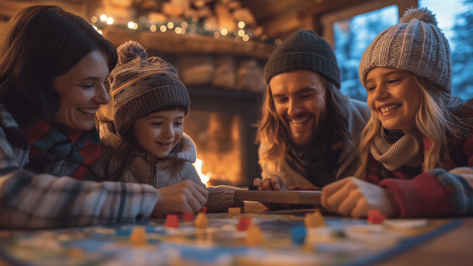 A family plays a board game by the fireplace in their cozy winter getaway cottage rental creating joyful memories
