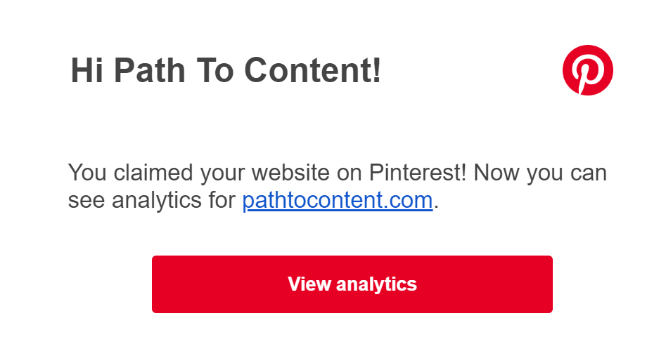 Screenshot of email sent by Pinterest after completion of claiming of website