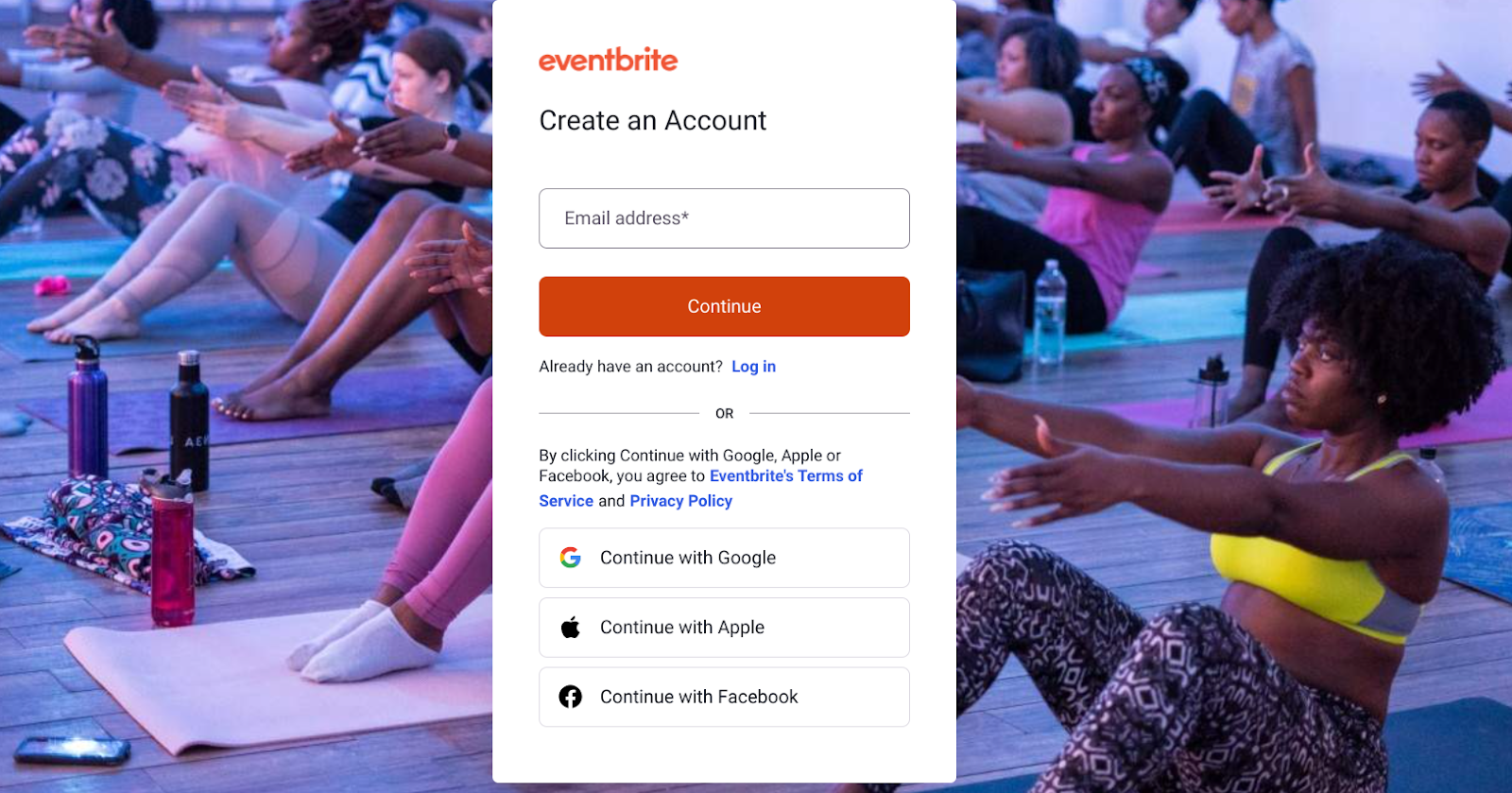 Screenshot of the Eventbrite signup page