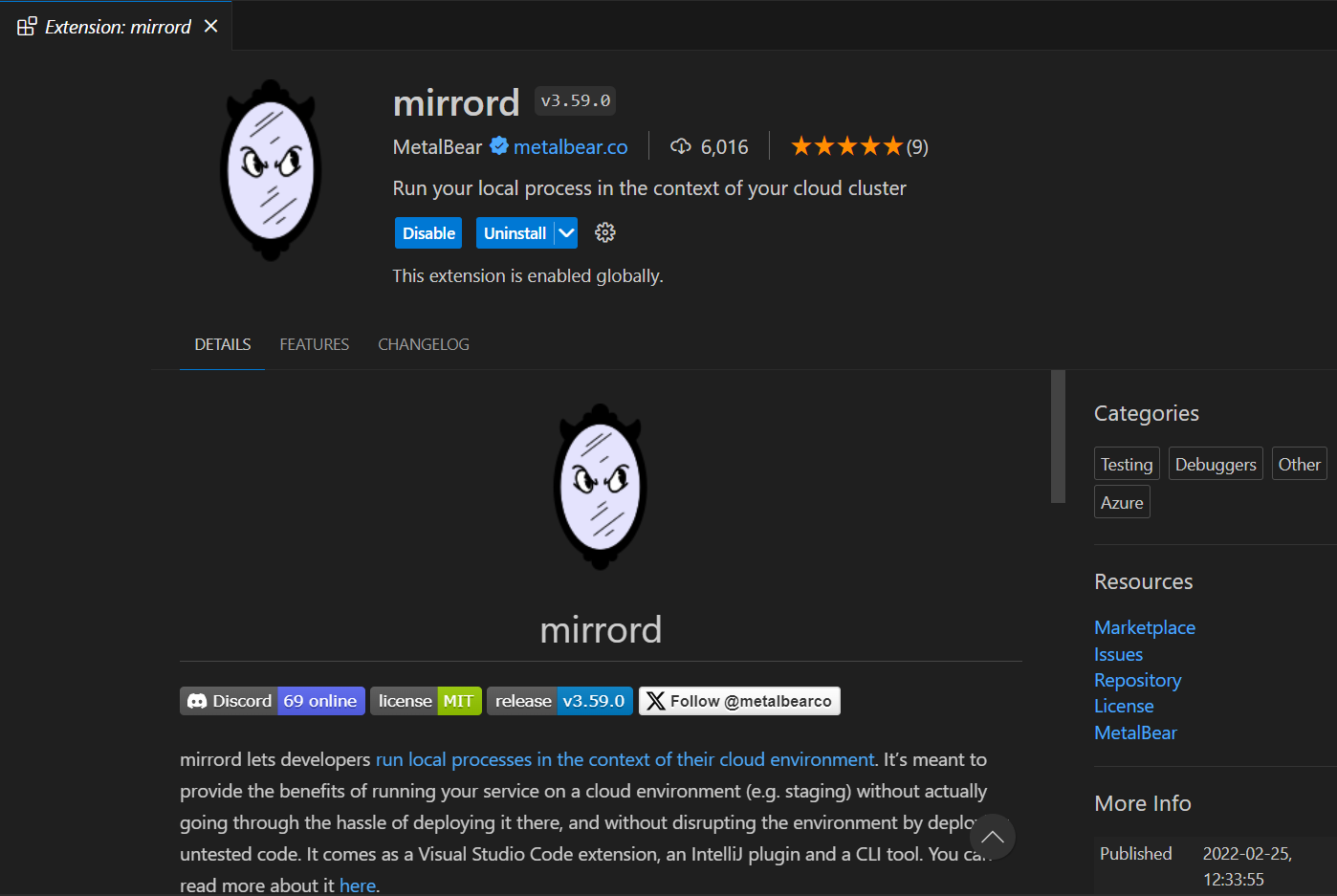 An image showing the mirrord extension from VSCode.