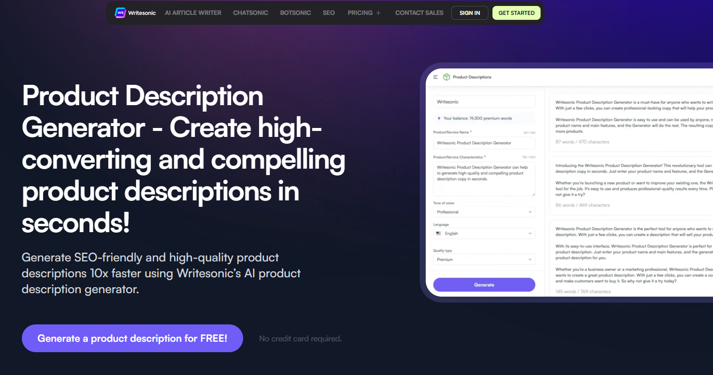 Writesonic Product Description Generator