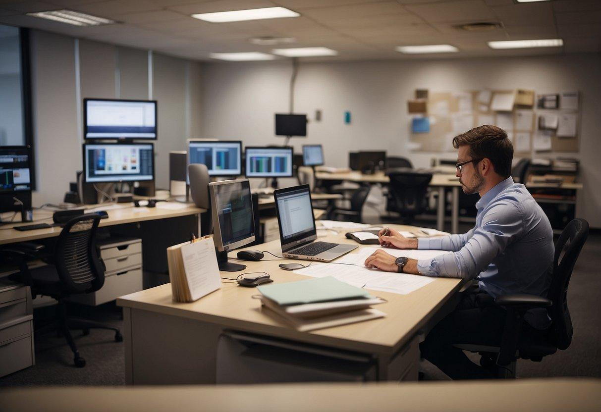 A bright office space with a desk cluttered with papers and a computer. A young intern is eagerly taking notes while a mentor guides them through a project