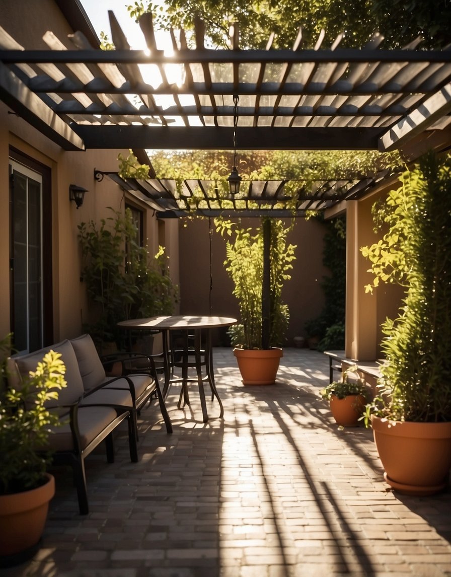 A pergola stands in a backyard with an outdoor ceiling fan spinning above. The sun casts shadows through the slatted roof onto the paved patio below