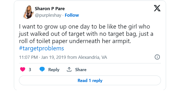 Tweet of a woman saying that she can't go to Target without buying too many things