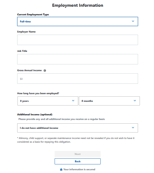 A screenshot of a computer screen showing Tresl's refinancing signup showing the employment information gathered