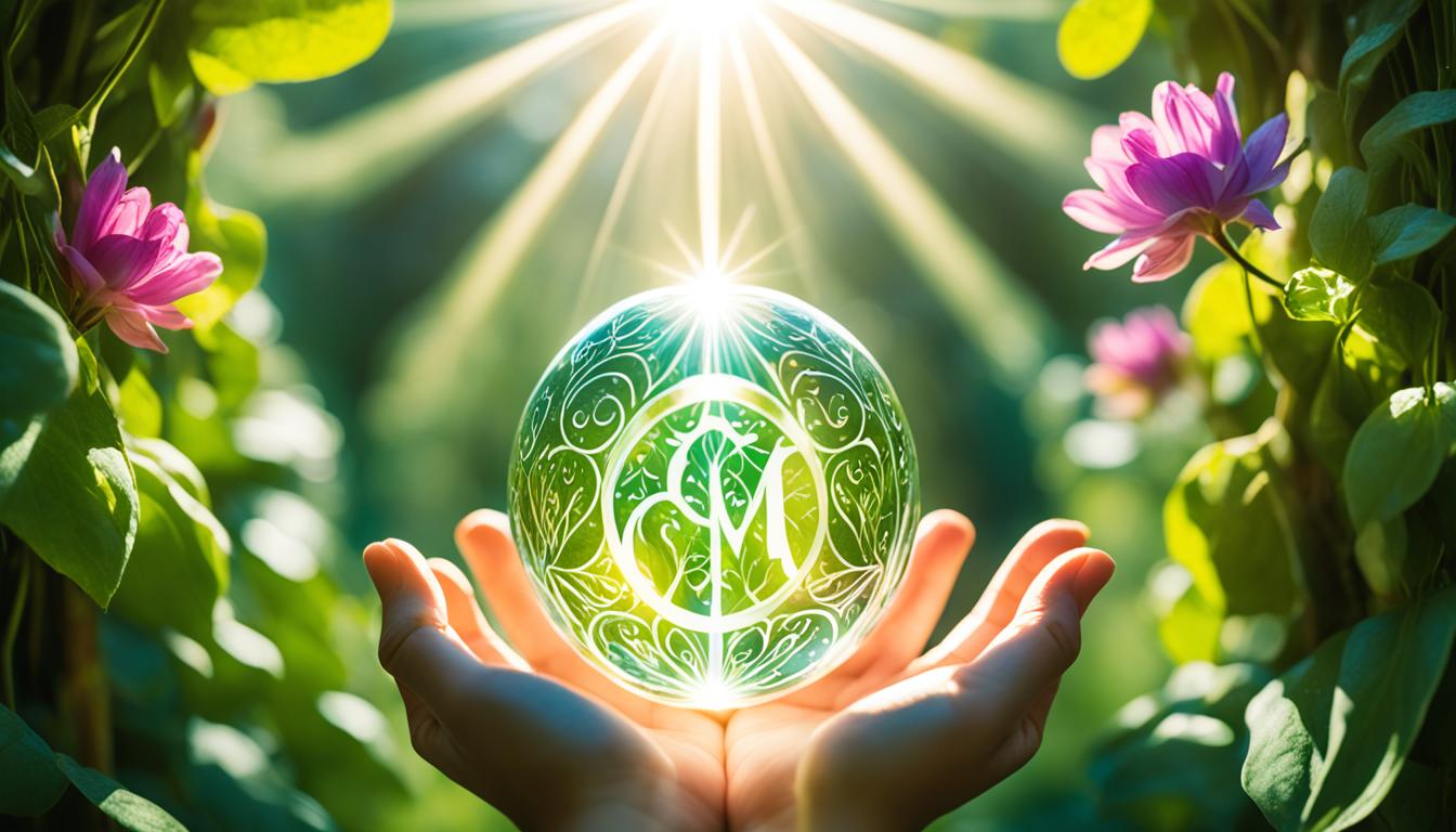 A set of hands holding a glowing orb surrounded by lush green vines and blooming flowers, with rays of sunlight streaming down from above. The orb is filled with swirling colors and patterns representing positive affirmations for self love, such as "I am deserving of love and respect," "I am enough exactly as I am," "I trust myself and my abilities," and "I choose to let go of self-doubt and embrace my worth." The hands embracing the orb convey a sense of warmth, protection, and self-care.