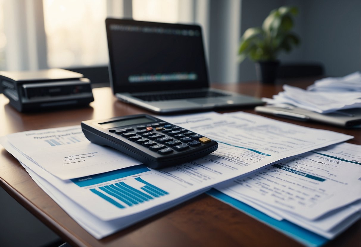 A desk cluttered with spreadsheets, receipts, and invoices. A calculator and laptop sit next to a stack of property management contracts