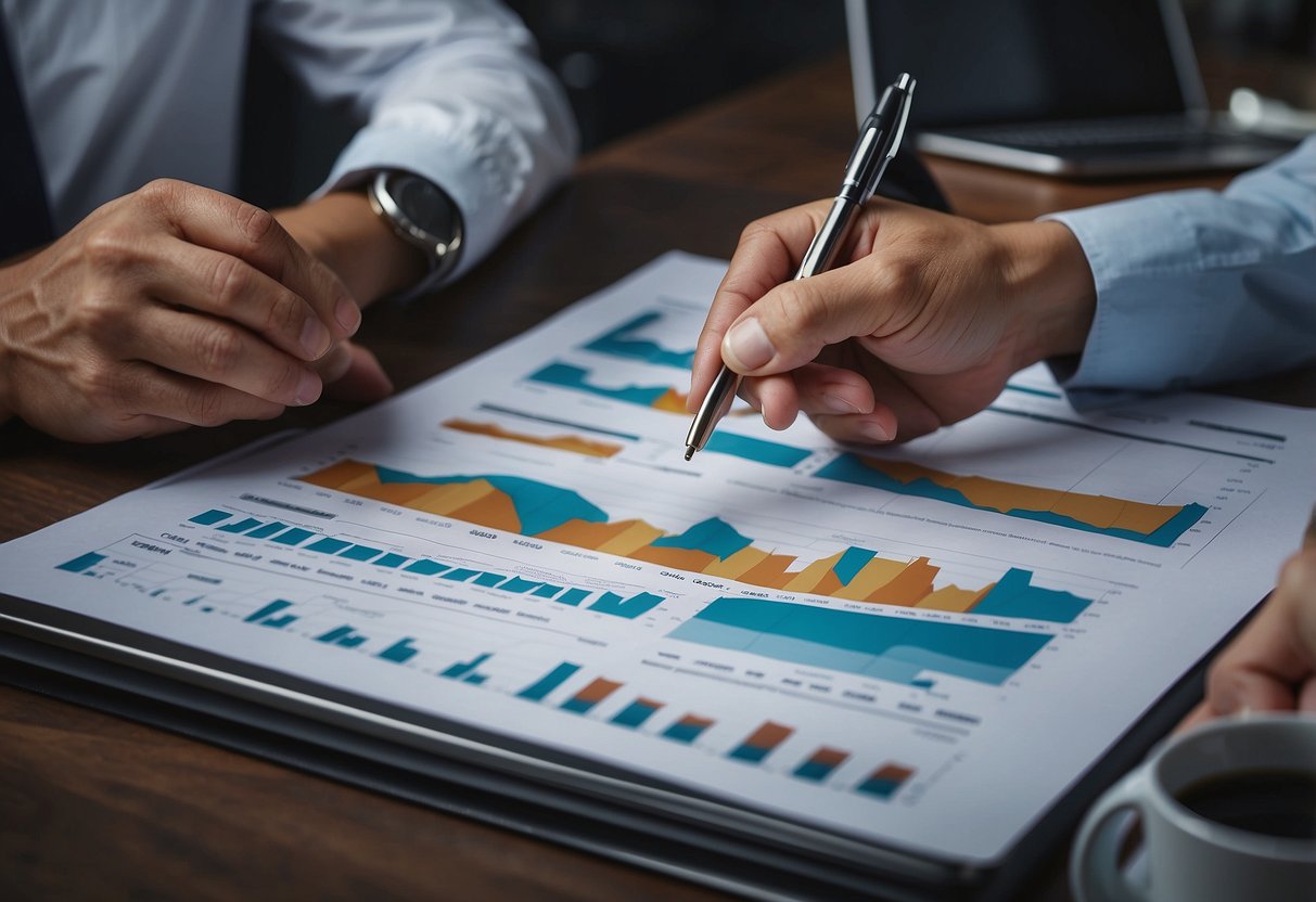 A group of professionals discussing SEO agency options, examining charts and graphs, and comparing past performance records