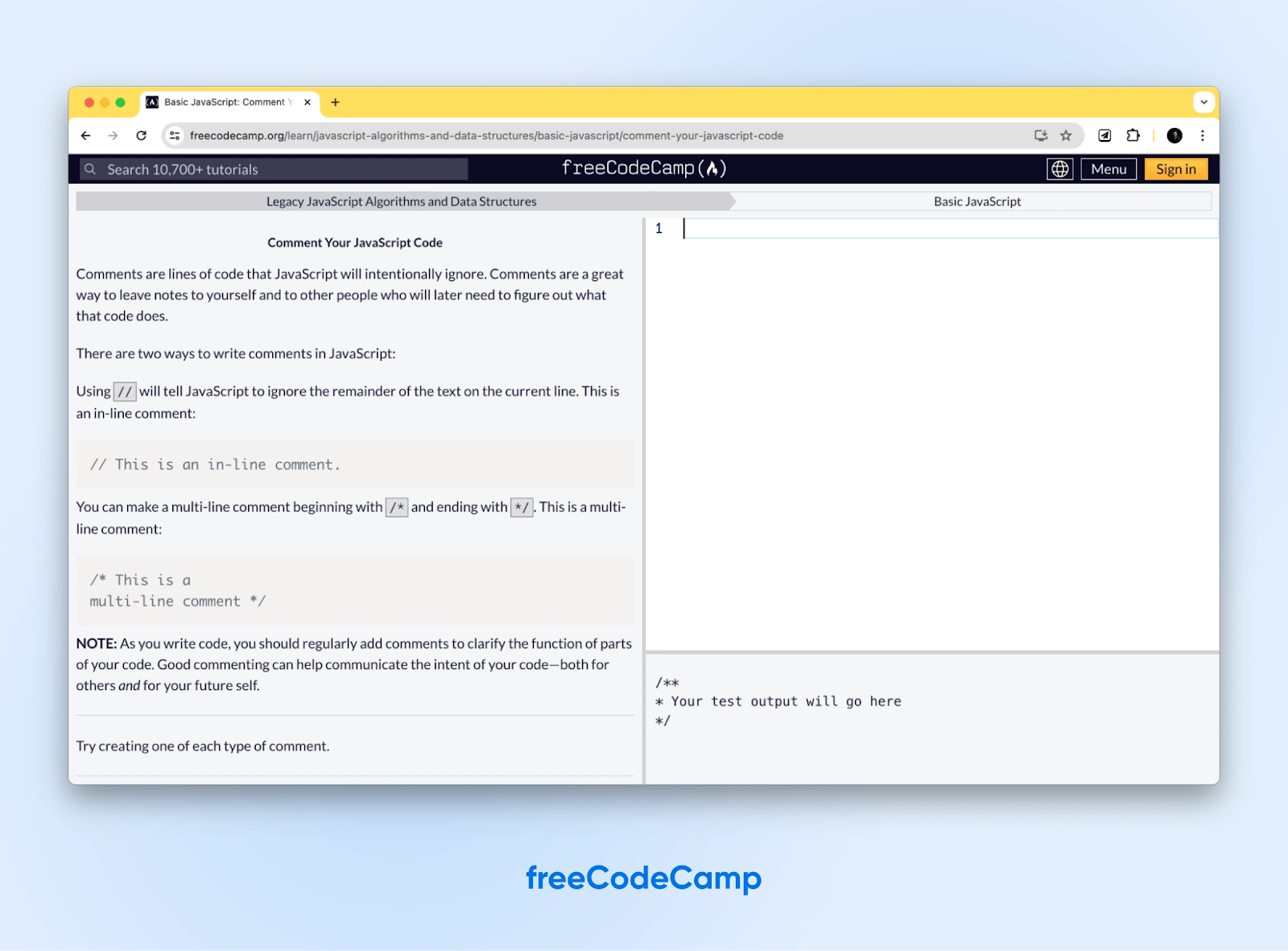 Tutorial de JavaScript básico de freeCodeCamp con instrucciones a la izquierda y espacios en blanco para el resultado de la prueba a la izquierda.