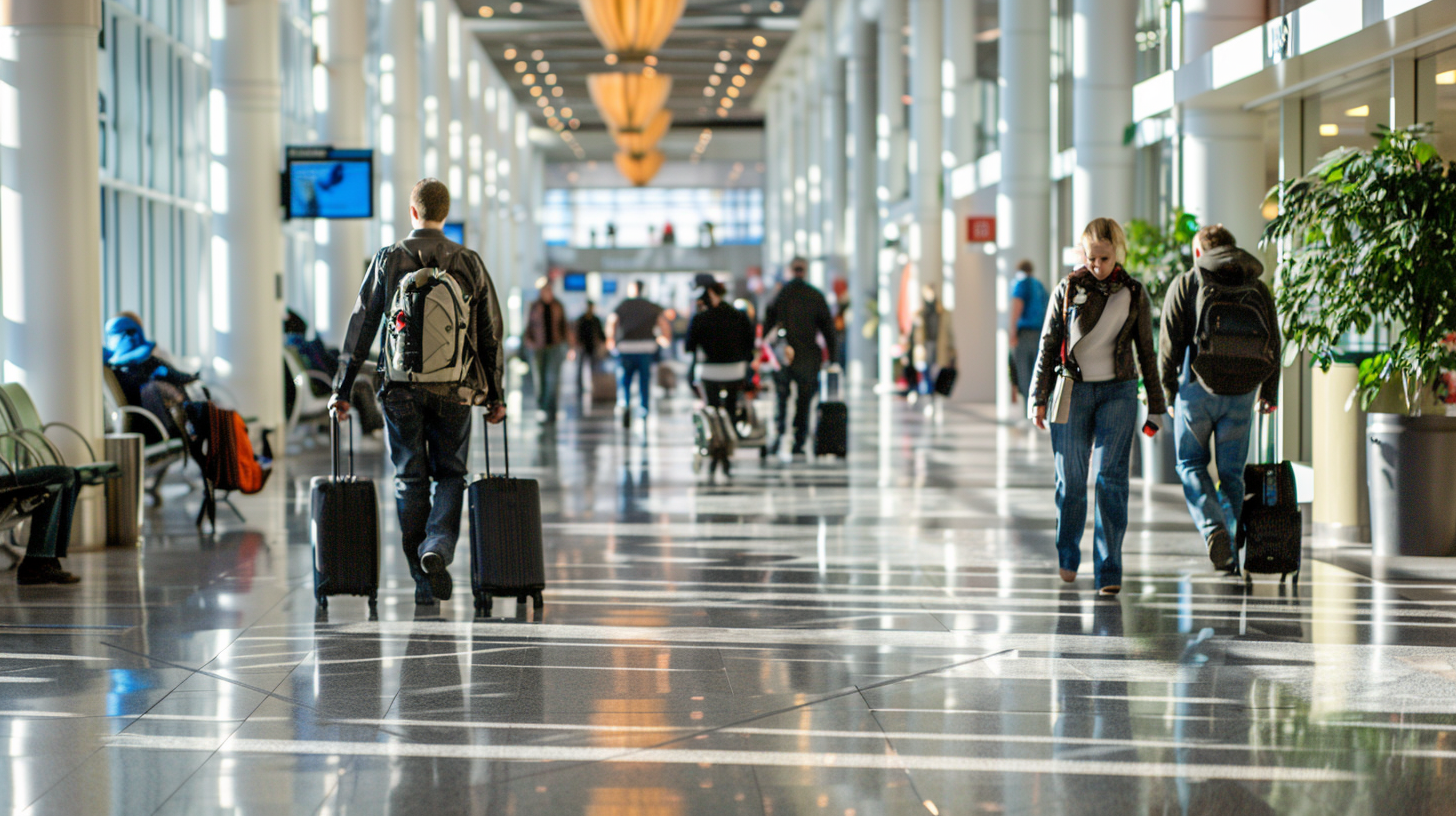 Travelers with backpacks and luggage walking inside the airport.