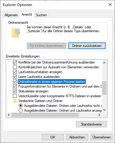 Ordnerfenster in einem eigenen Prozess starten, um das Hängenbleiben des Windows Explorers zu beheben