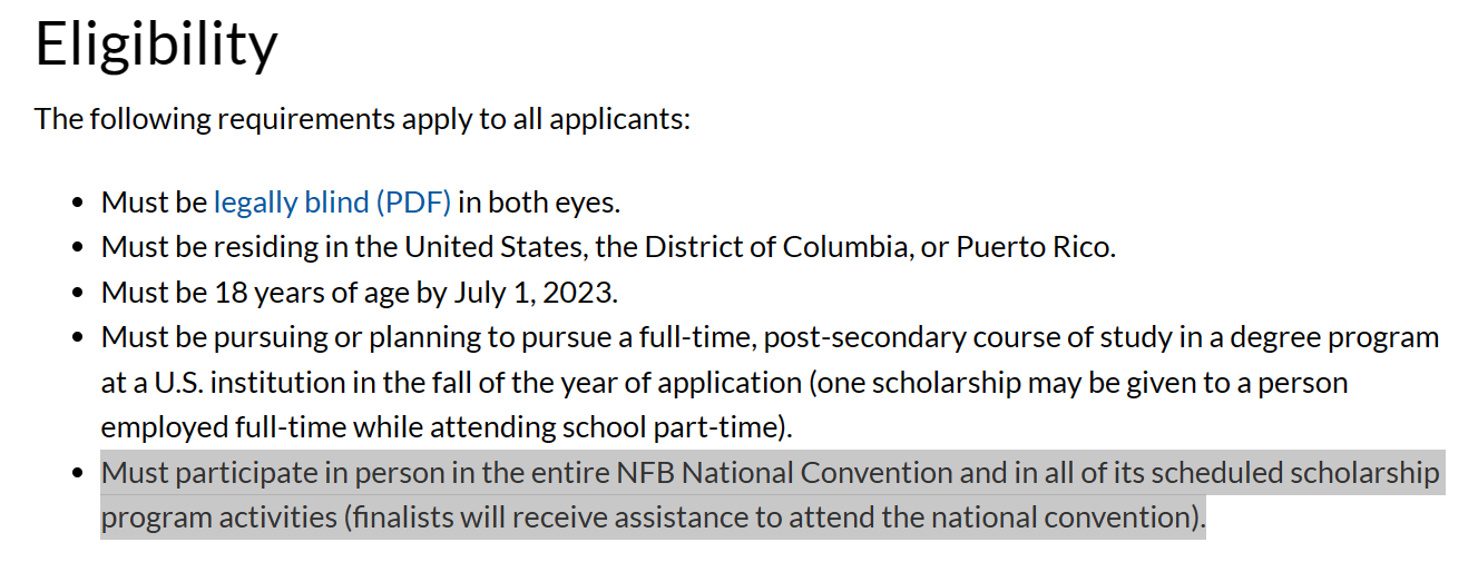 Screenshot of the NFB scholarship website showing the policy of mandatory in-person attendance