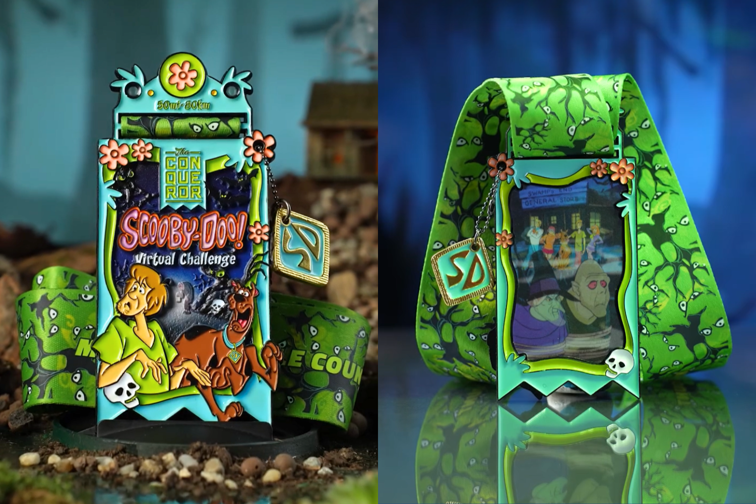 A close up of the Scooby-Do Virtual Challenge Conqueror medal's front and back. On the back is a lenticular painting.