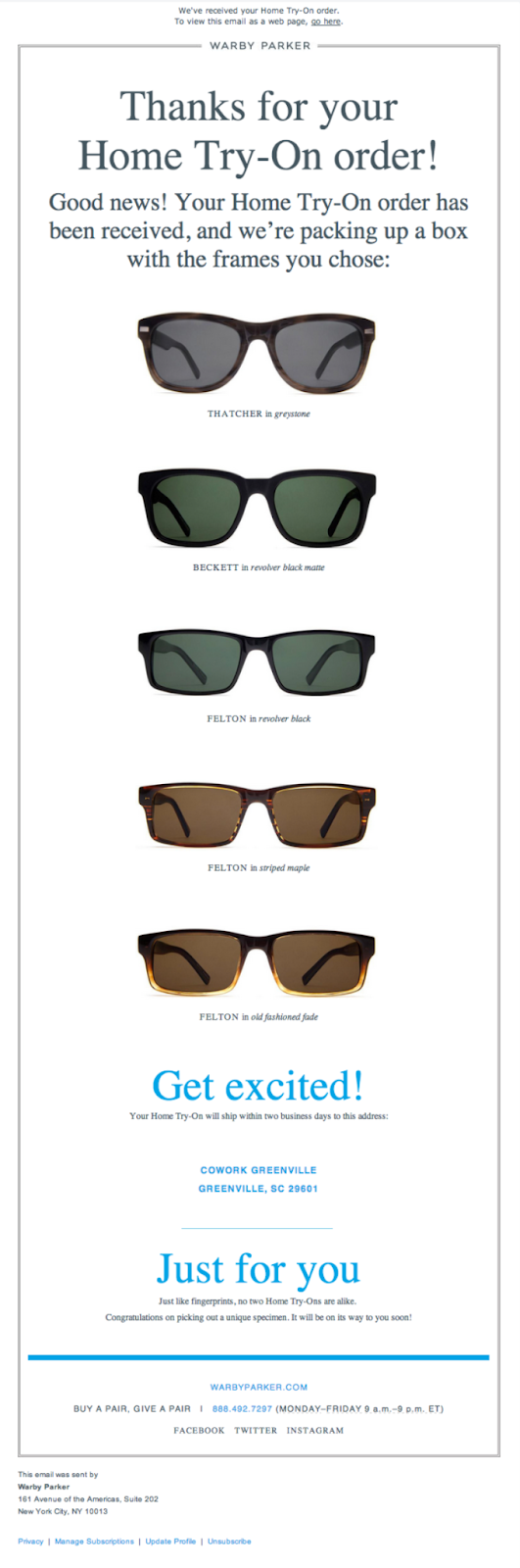 Example of a Warby Parker order confirmation email 