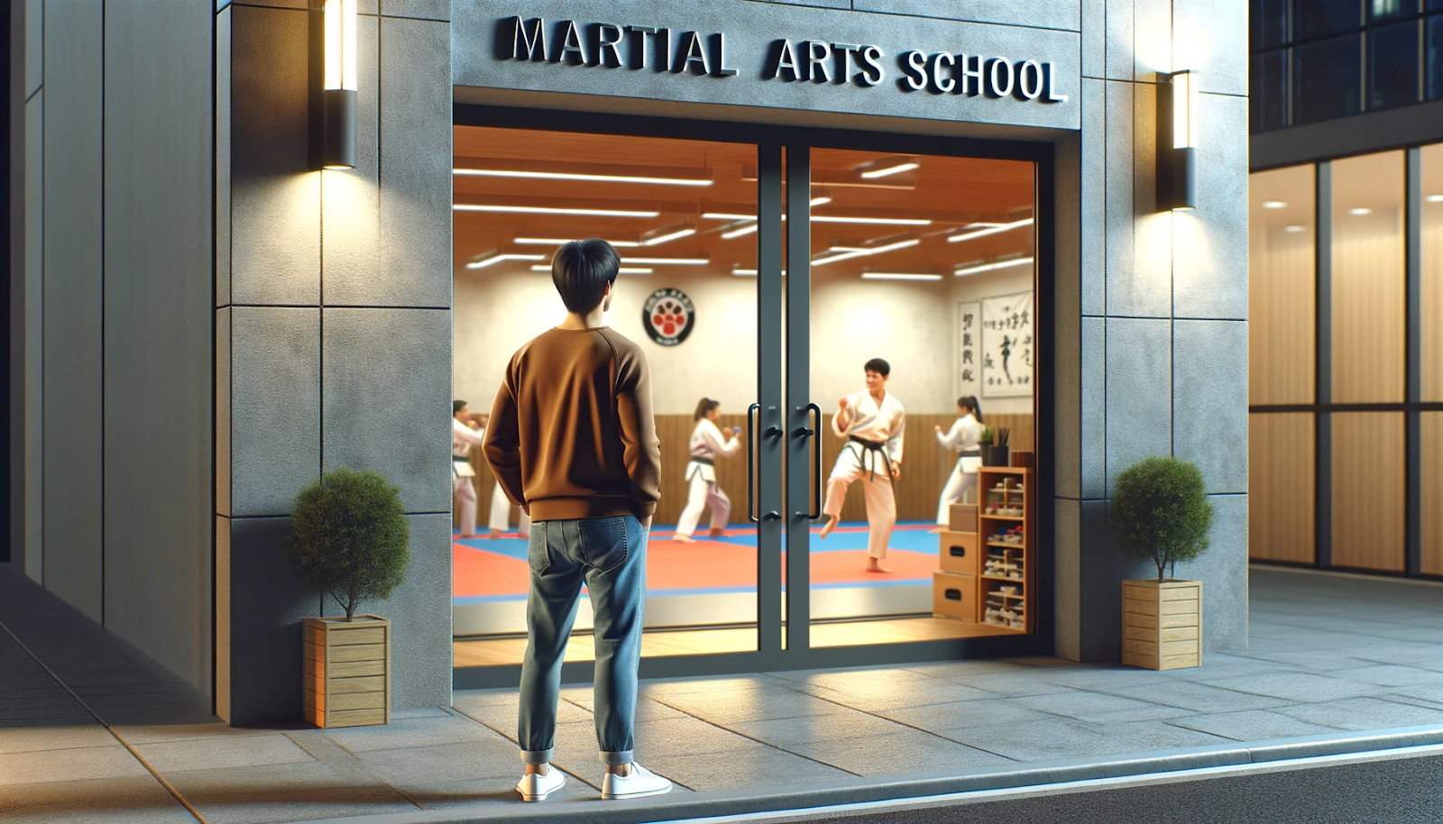 I've created the image showing a potential student standing outside a martial arts school, looking in through a large window without any text or signage. The scene conveys an inviting and aspirational atmosphere, highlighting the allure of joining the school.