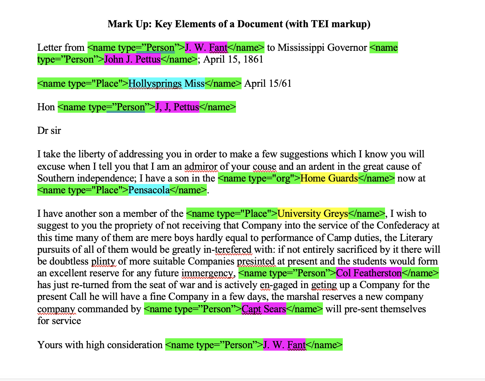 Figure 3: Screen capture of the Fant letter with the person, place, and org elements marked in TEI