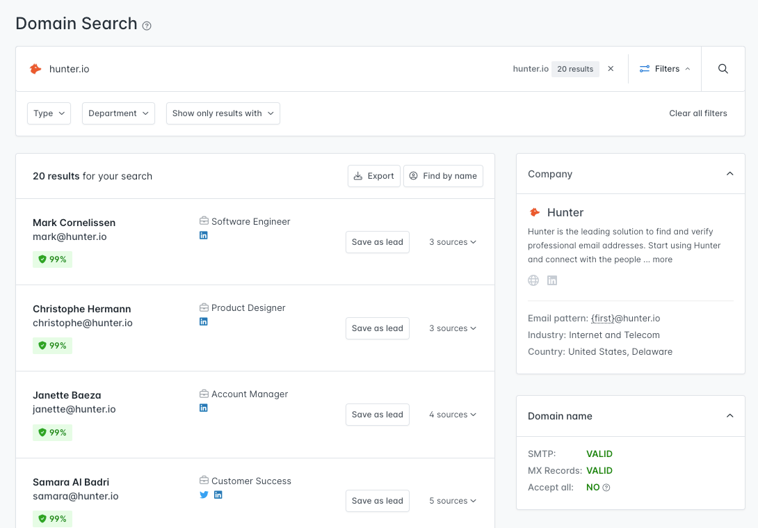 Hunter.io Domain Search dashboard